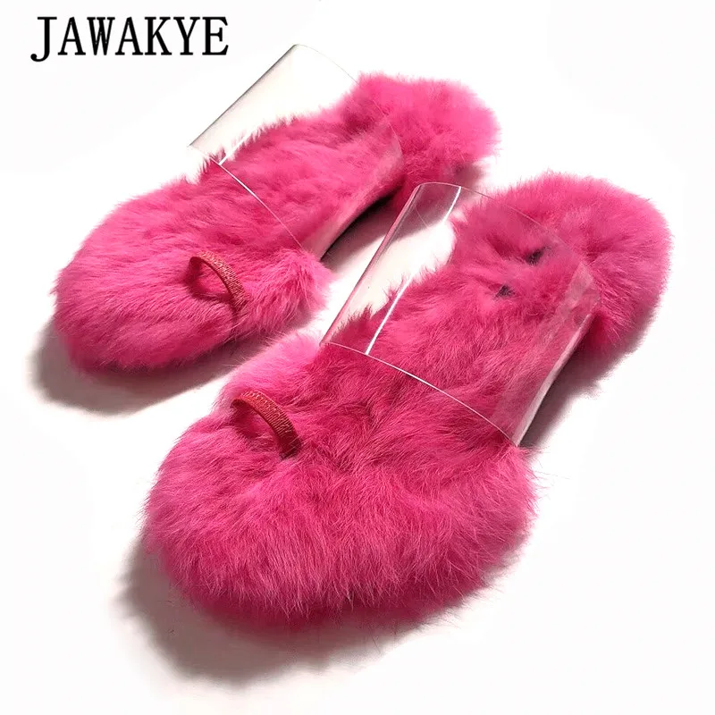 

New Transparent PVC Slippers Woman Rose Red Fur Feather Flat Slippers Split Toe Mules Lady Flip Flops Outdoor Slides Shoes Woman