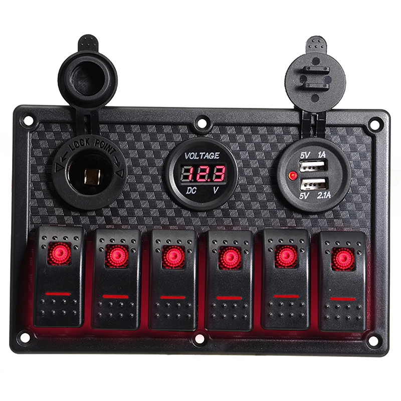 6 Gang Red LED Car Switch Panel 12V 24V Circuit Breakers Overload Protect Boat Rocker Switch Control Panel Set