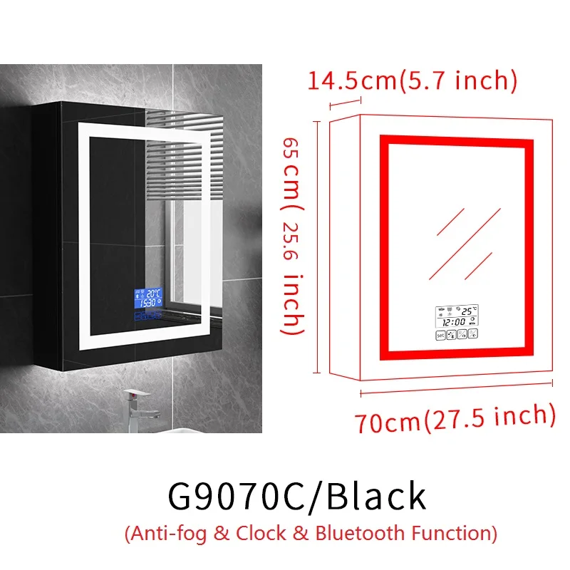 Gisha Настенный умный светодиодный шкаф с зеркалом для макияжа с сенсорным экраном и Bluetooth, интеллектуальное анти-запотевающее зеркало для ванной - Цвет: G9070C-Black