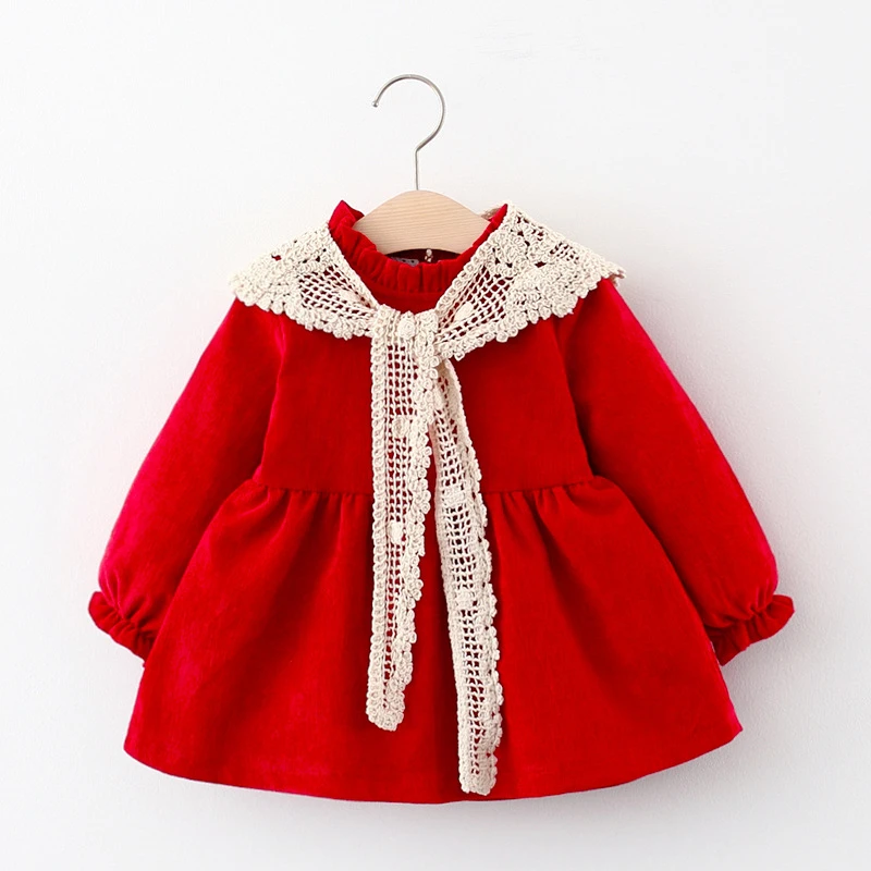 

New Fashion Baby girls A-line Dress Long sleeve Autumn Clothes Sweet Girls dress Partywear Ruched Round collar With scarf Decor