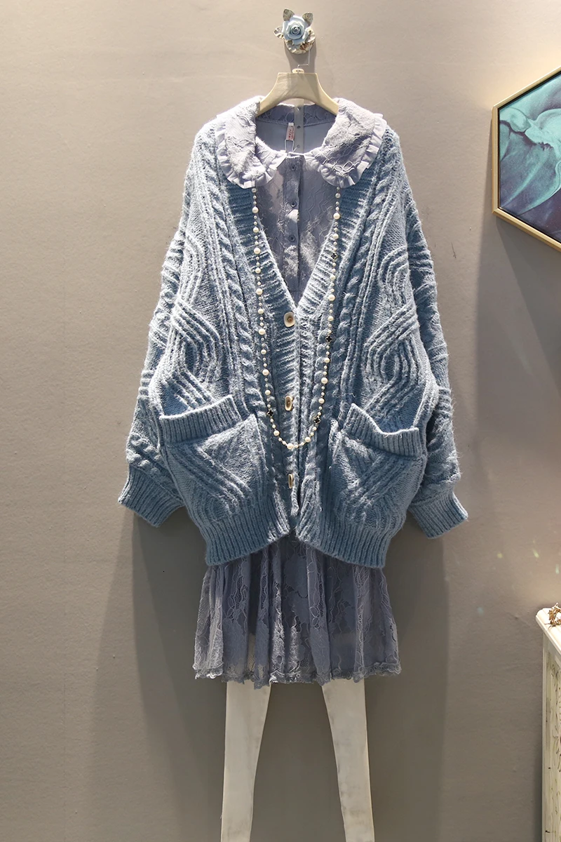 [EWQ] весна осень v-образный вырез длинный рукав однотонный пэчворк однобортный Карманы Повседневный свободный свитер для женщин AH57611