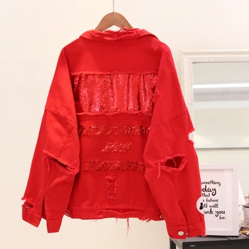 

2019 Women's Harajuku embroidery letter patch bomber jacket women Red Ripped Denim Coat Female
