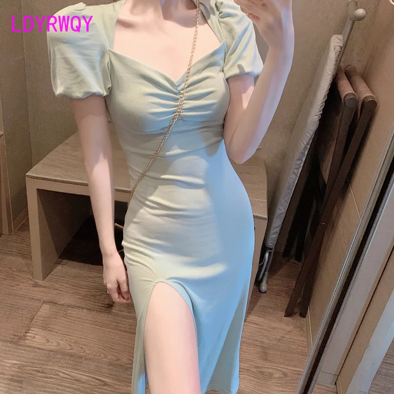

2020 summer new temperament slim word collar split retro slim dress women Sleeveless Office Lady Polyester