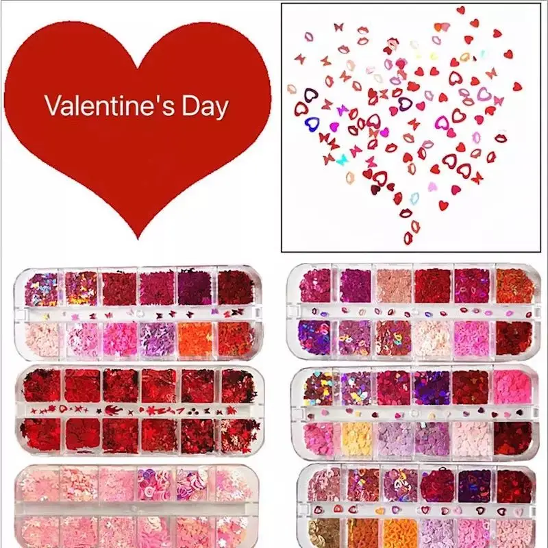 

12 Grids/Set Valentine Love Sequins Red Suit,Lips, Mixed Size Nail Glitter Flakes 3D Sequins Nail Art Nail Designer DIY Nail Art