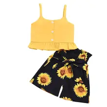Одежда для маленьких девочек топы без рукавов с рюшами и лямками, Короткие штаны с принтом подсолнуха, комплект летней одежды из 2 предметов