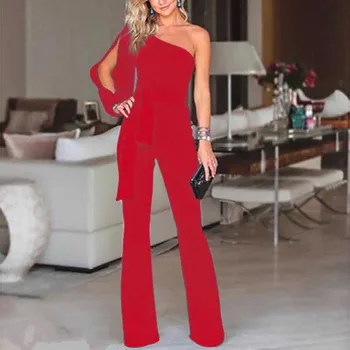 

Women New Arrival Clubwear One Shoulder Long Split Sleeve High Waist Lace Up Belted Bodycon Party Jumpsuits Office Lady Rompers