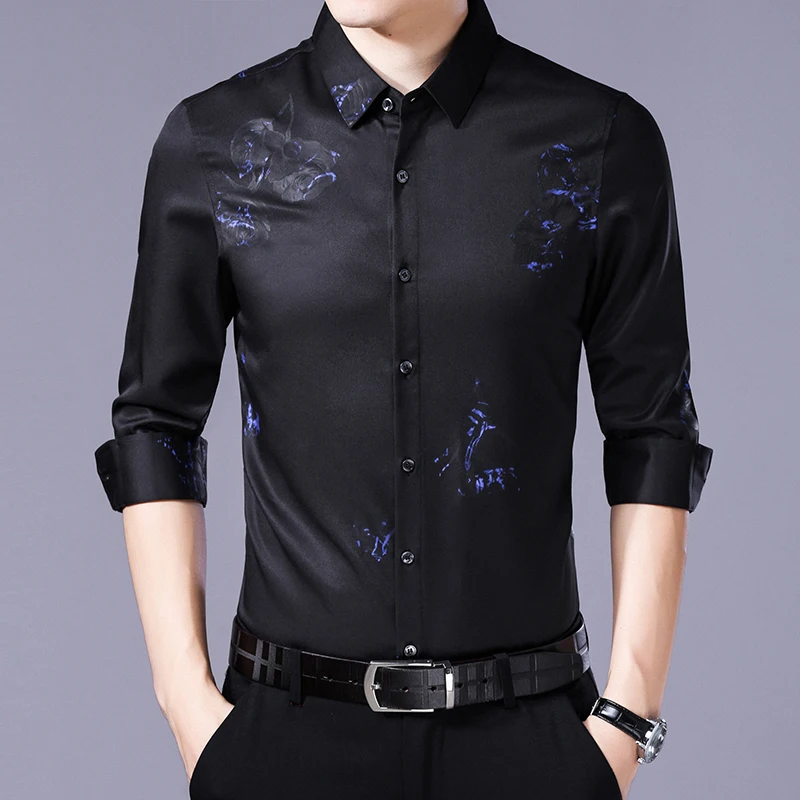 

Spring Real Silk Korean Black Long Sleeve Shirt Men Clothes 2020 Mens Shirts Casual Slim Fit Camisa Hombre KJ1964