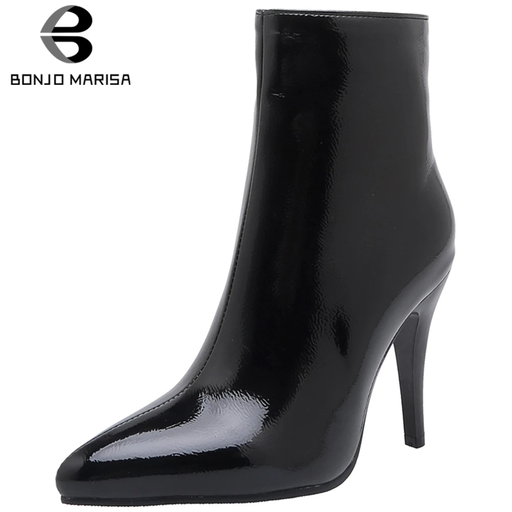 

BONJOMARISA New Plus Size 30-48 Brand Patent Pu Booties Elegant Ladies Pointed Toe Ankle Boots Women 2019 High Heels Shoes Woman