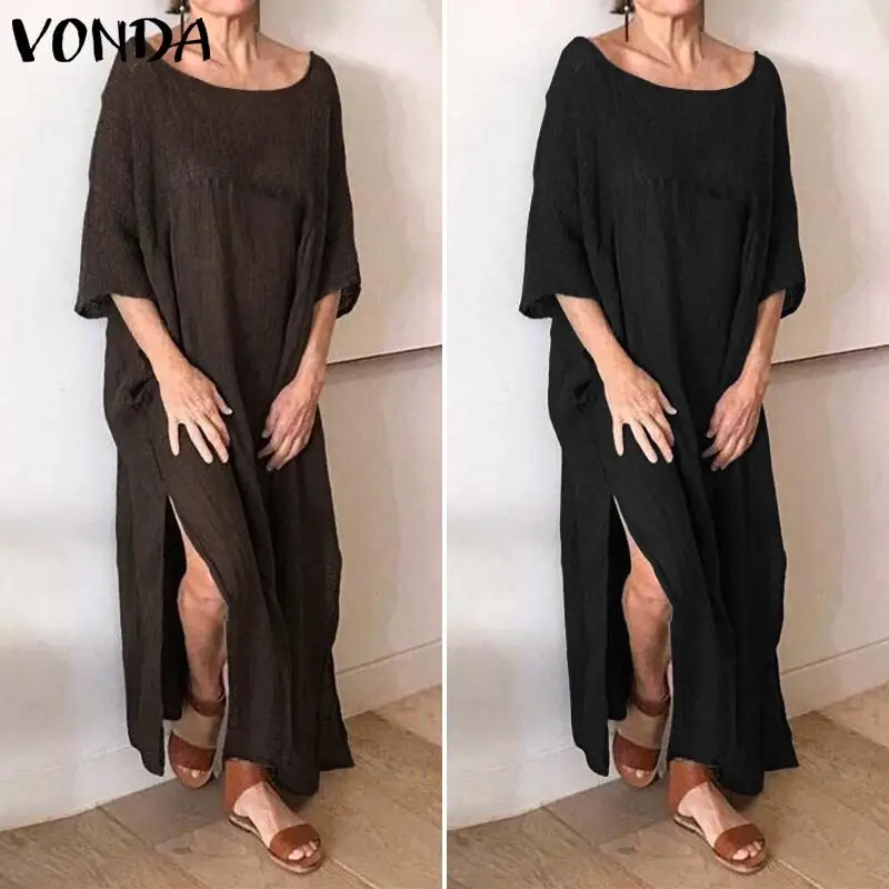 VONDA, свободное платье, женское, сексуальное, рукав 3/4, с разрезом, платья для вечеринок,, летнее, макси, Vestidos, женский пляжный сарафан размера плюс, Халат