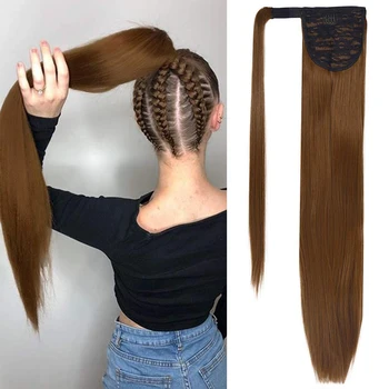 

Xnaira 24 Inch Synthetic Clip in Hair Extensions for Women Black Brown Pony Tail Long Straight Wrap Around Ponytails Hairpiece