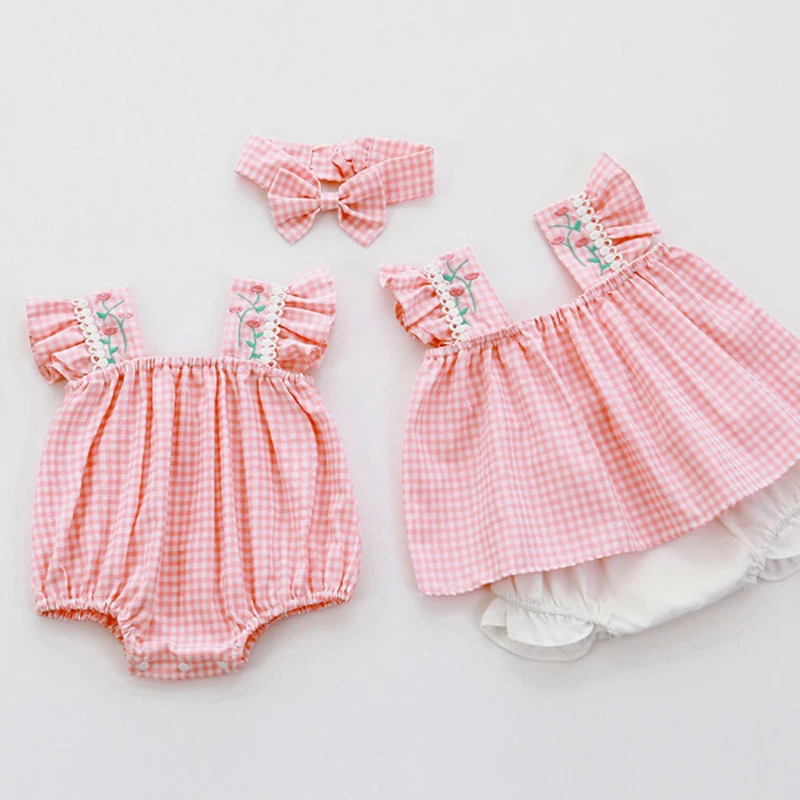 Baby Bodysuits cheap Summer Cute Kids Baby Girl Sleeveless Printing Sister Rompers Braces Suit Infant Baby Girl Newborn Rompers Clothes Baby Bodysuits medium