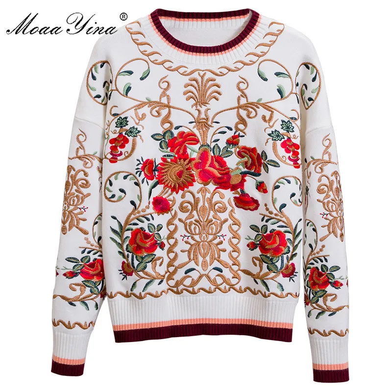 MoaaYina модный дизайнерский вязаный пуловер свитер осенний женский длинный рукав Цветочная вышивка сохраняющий тепло вязаный свитер