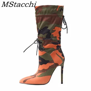 

Mstacchi Camouflage Elastic Band Pointed Women Short Boots 2020 New Elastic Fabric Fine Heel Sexy Cool Madam Shoes Botines Mujer