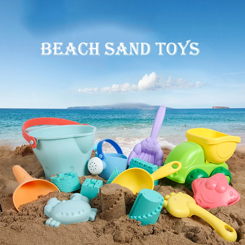 Juego de juguetes de playa de silicona suave para bebés, moldes portátiles de arcilla de Castillo de arena, herramientas de pala de excavación, juguete de agua para niños de 5 a 14 Uds.