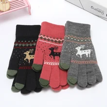 Natal elk impresso luvas de malha feminino touchscreen luva engrossar inverno quente luvas de dedo cheio ao ar livre ciclismo compras