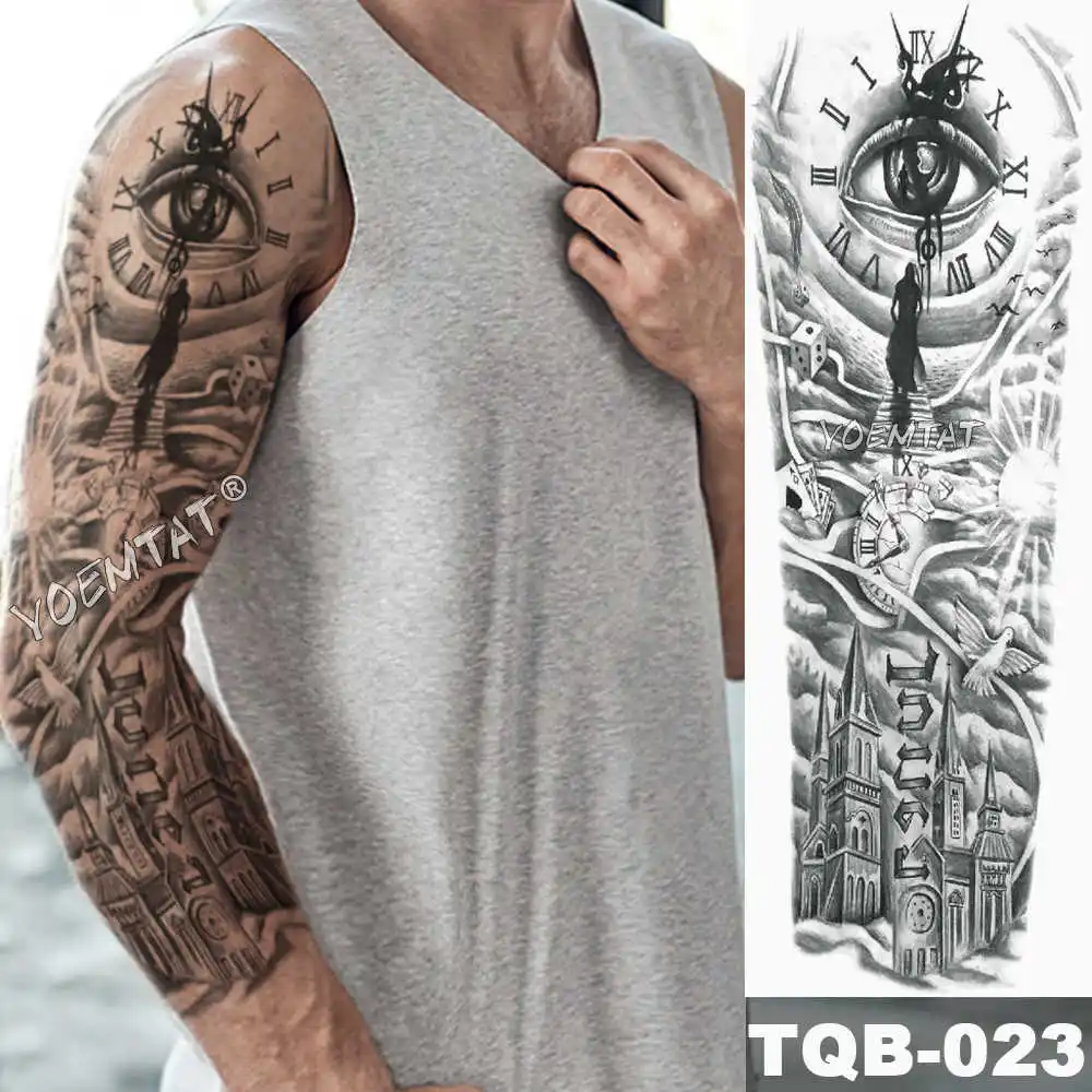 Grote Arm Mouw Tattoo Klok Poker Waterdicht Tijdelijke Nep Tatoo Sticker  Schedel Oog Vogel Kasteel Mannen Vrouwen Volledige Totem Tatto - AliExpress, image size:1000x1000