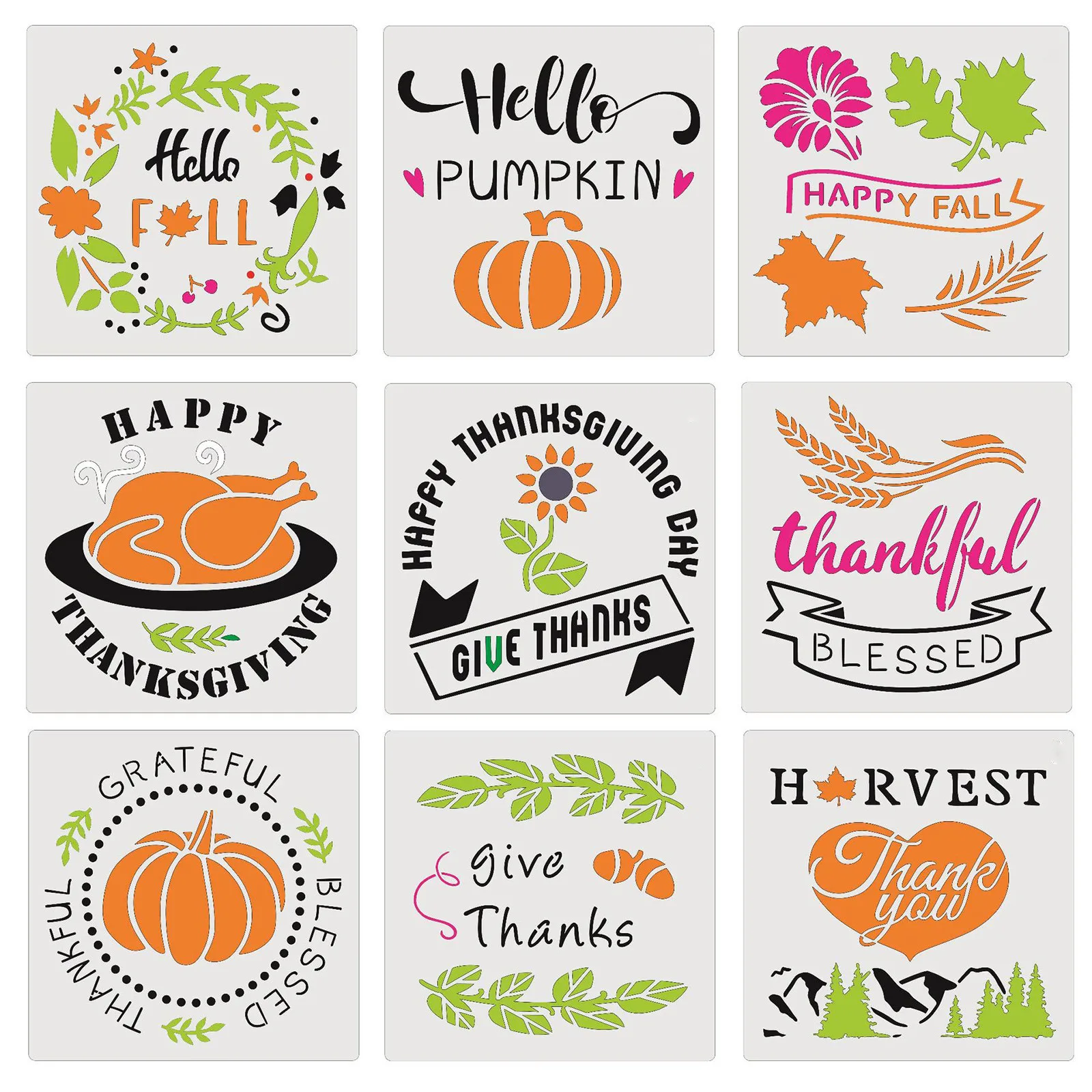 9-pcs Autumn Thanksgiving Template Kit Reusable Polyester Film For Painting Home Decoration On Wooden Wall #15 | Дом и сад