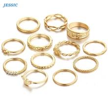 JESSIC 2020 Новая мода 12 шт винтажное женское кольцо в стиле бохо с кристаллами и цветами тибетское турецкое роскошное Золотое кольцо(China)