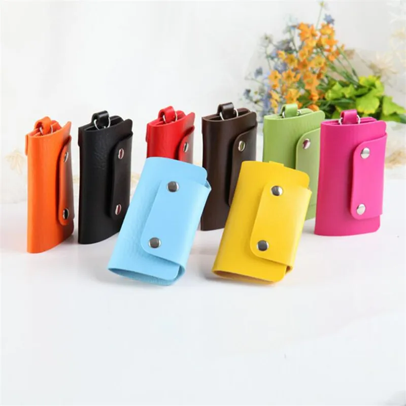1pc Portable Leather Housekeeper Holders Car Keychain Key Holder Bag Case Unisex Wallet Cover Simple Solid Color Storage Bag