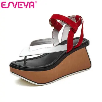 

ESVEVA 2019 Women Sandals PU+Leather Wedge High Heel Mixed Color Round Toe Buckle Fashion Slingback Soft Sole Shoes Size 34-39