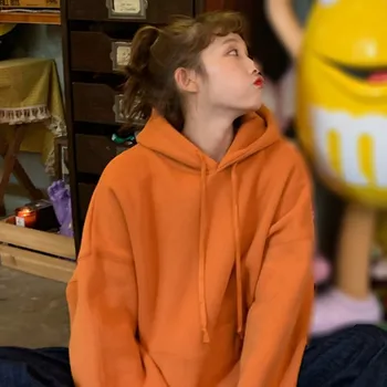 

Fashion Women Hoodie Plus Velvet Solid Color Sweatshirt Loose Hooded Autumn Winter Orange