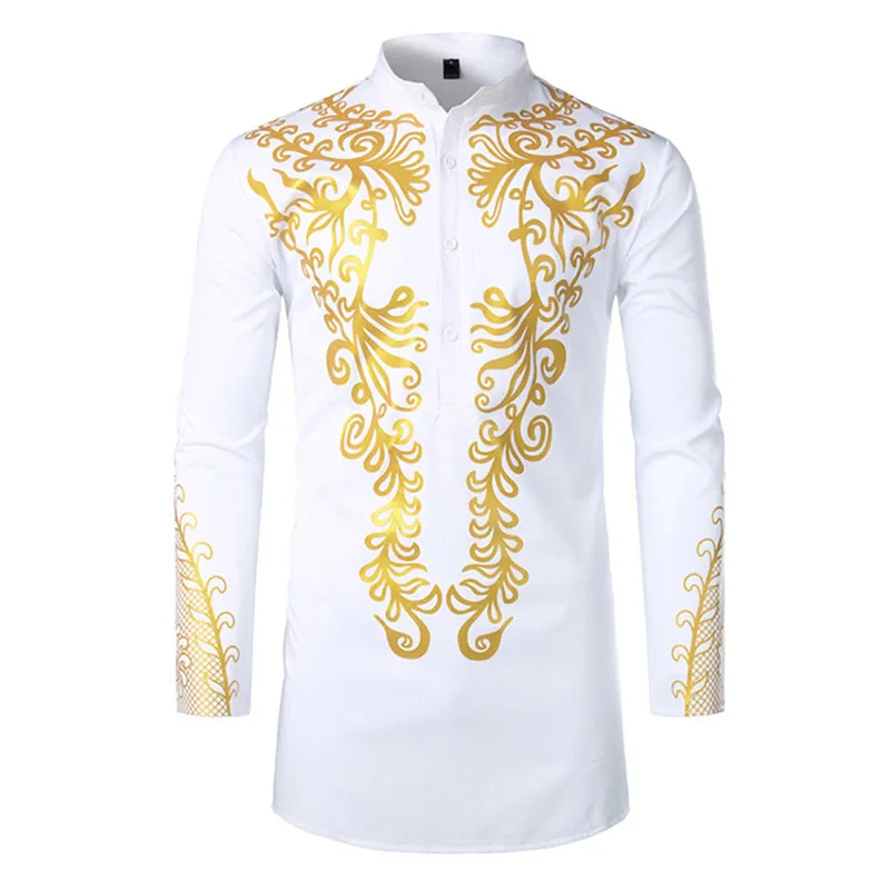 African Golden Polished Dress Shirts Long Tunic Mens Fashion Print Button Up Bridegroom Top Stand Collar Clothes Black Plus Size - Цвет: White