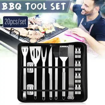 

20Pcs Stainless Steel BBQ Tools Set Barbecue Grilling Accessories Utensil Outdoor Camping Cooking Tools Kit with Storage Bag
