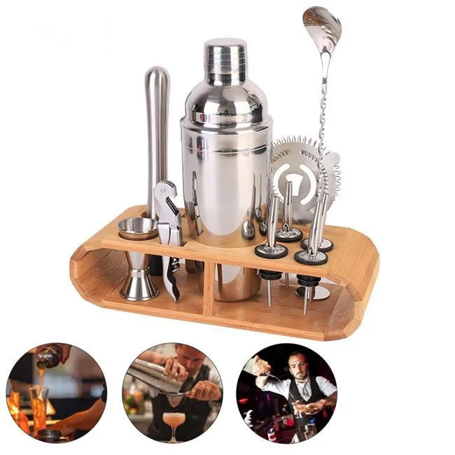 

750ml/600ml Stainless Bar Cocktail Shaker Set Barware Set Shaker Set with Wooden Rack