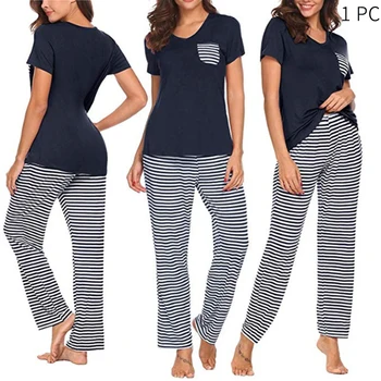 

Summer New Striped Casual Home Women Pajama Set Short Sleeve Tee Top & Elastic Waist Loose Pants Soft Daily Sleepwear for Ladies