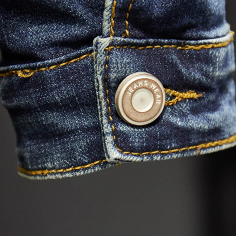 Men's Badge Patches Blue Stretch Denim Jacket Streetwear Patchwork