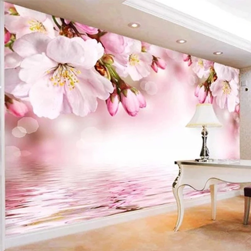 Custom 3D Wall Mural Wallpaper Modern Pink Peach Blossom Reflection Flowers Fresco Living Room Bedroom Home Decor Covering | Обустройство