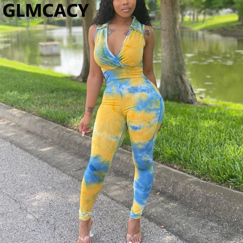 Women Tie Dye Printed Sleeveless Bodycon Jumpsuit Skinny Slim Fit Plus Size Overall Women Tie Dye Printed Sleeveless Bodycon Jumpsuit Skinny Slim Fit Plus Size Overall