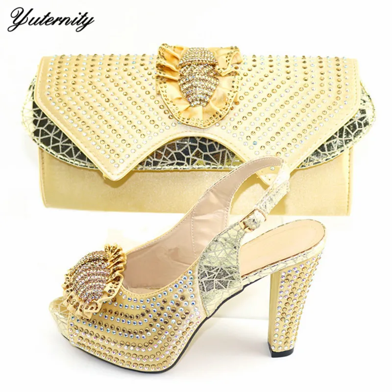 

2020 African Design Stones Woman Shoes And Bag Set Summer Comfortable Super High Heels Party Shoes And Bag Set For Wedding Dress