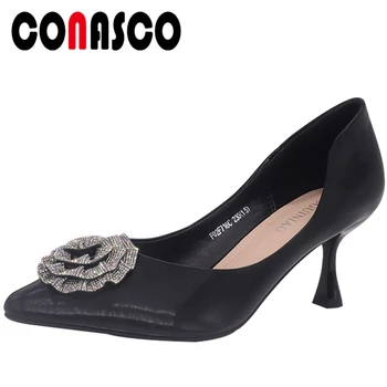 

CONASCO Women Genuine Leather Pumps High Heels Spring Summer Fashion Elegant Flower Wedding Party Shallow Shoes Woman Office New