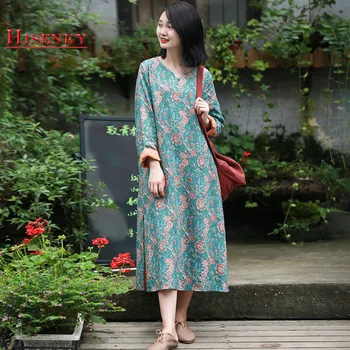 

Hisenky Women Floral Print Dress Long Sleeves Casual Loose Maxi Dress Autumn 2019 Linen Dresses Robe Vestidos