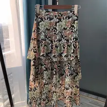 Шелк золотая нить цветочный принт торт юбка цветочный принт до середины икры женская повседневная юбка