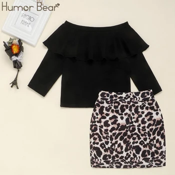 

Humor Bear Girls Set Spring Summer Clothes Long Sleeve Sexy Outfits One Shoulder T-Shirt Leopard Skirt 2Pcs Kids Clothes Outfits