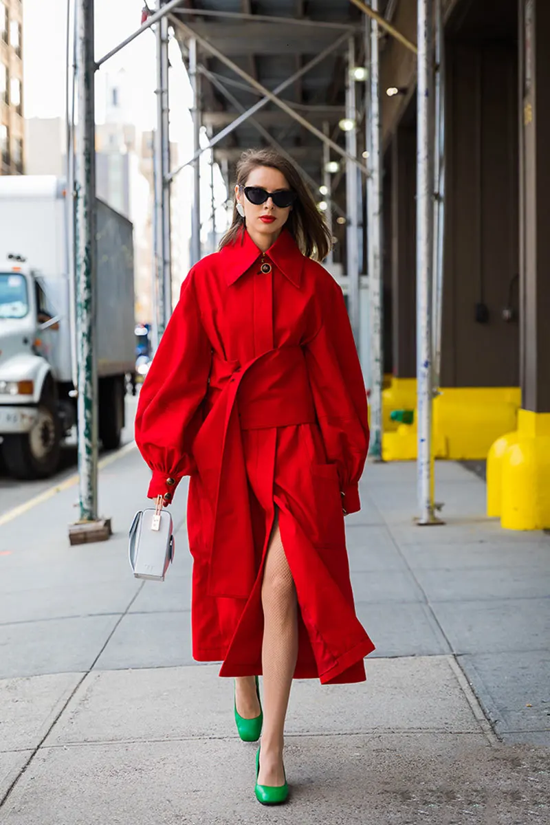WOMENGAGA new autumnlantern sleeves women clothing Windbreaker Loose Coat Red Overcoat Woman and waist belts wide DG033