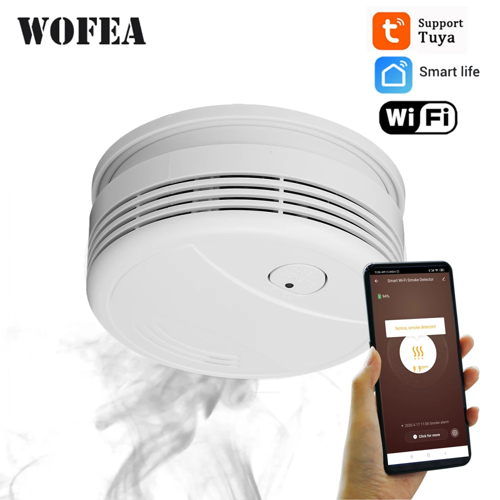 

Wofea WiFi Smoke Detector home security Fire Alarm system Tuya smart Smoke Alarm APP message push 95db alarm sound no need hub