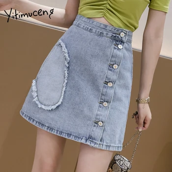 

yitimuceng new denim skirt women patchwork irregular A-line plus size fashion single breasted button empire harajuku denim skirt