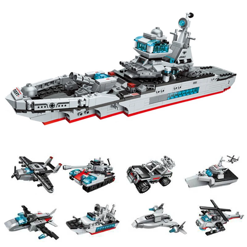 

Building Blocks Compatible Brand 700Pcs Military Series 8 In 1 Marine Cruiser Warships With Aircraft MOC Assemble Toys For Kids
