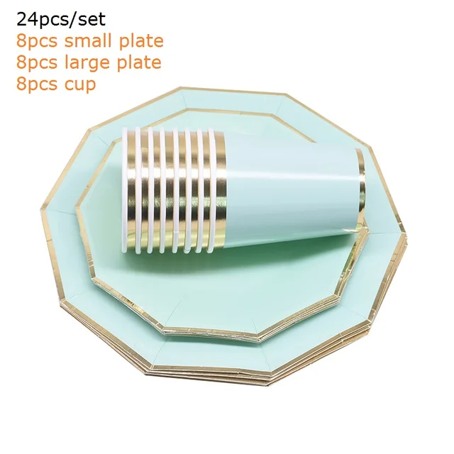 24pcs/set Green Pink Blue Paper Plates Cups Disposable Tableware Set for Wedding Birthday Party Baby Shower Supplies Gold Decor green set