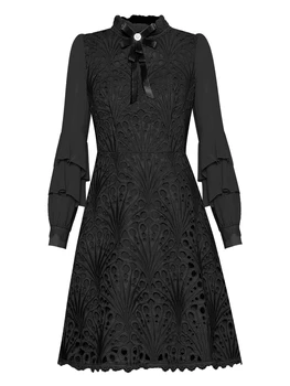 

Red RoosaRosee Designer Women Fashion stand collar embroidery Hollow out dress