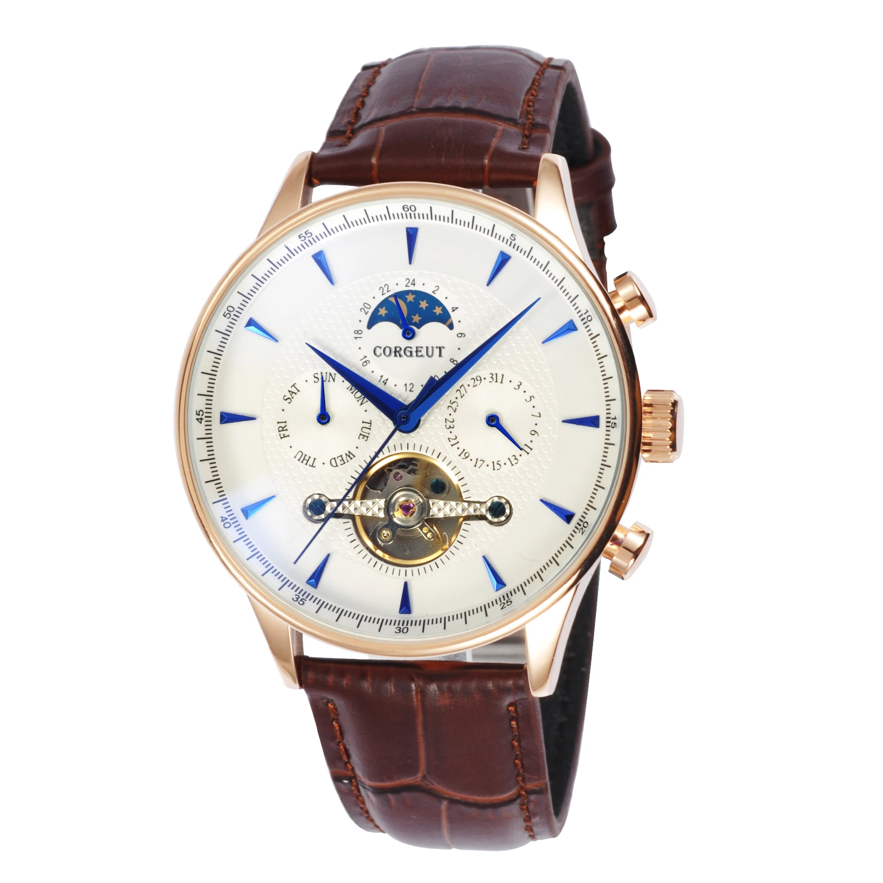 44 мм Rosegold Hand gewolbtes стекло Mondphase дата и тег автоматические часы