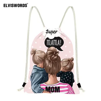 

ELVISWORDS Super Mom Design Drawstring Bag Women Yoga String Bag Gymbag School Backpacks for Kid Girls Ladies Beach Summer Bags