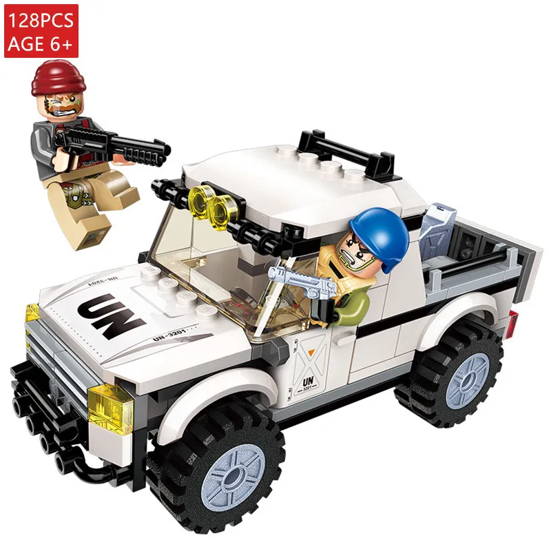 

128Pcs Military War Thunder Mission Danger Mountain Car Soldiers Building Blocks LegoINGLs Playmobil Bricks Toys For Children