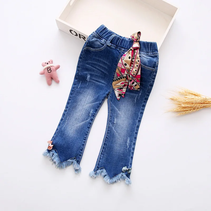 

New Style 2019 Spring Korean-style Girls Cowboy Cartoon Bow GIRL'S Jeans a Generation of Fat Cross Border