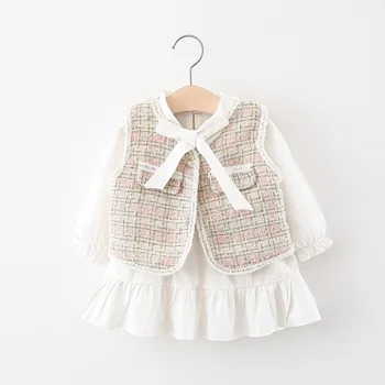 

2020 Autumn Infant Girls Long Sleeve Bowknot Collar Ruffles Dress + Plaid Vest Waistcoat Princess Baby Dress Kids 2Pcs Clothes