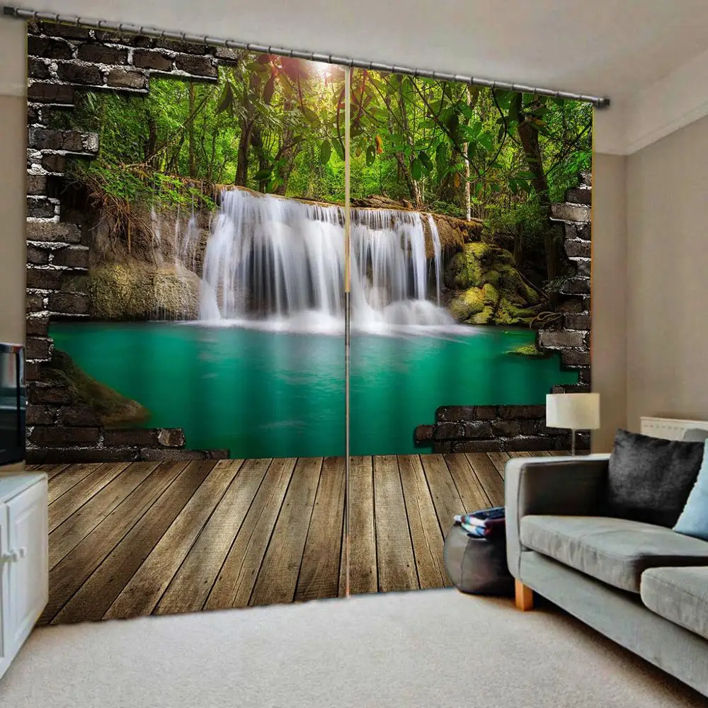 Autumn Rock Waterfall Red leaves 3D Blockout Photo Printing Curtains Drap Fabric 