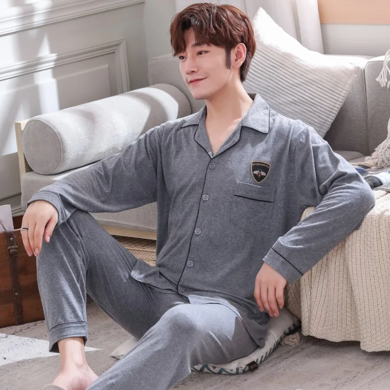 

Pajamas Men Spring And Autumn Pure Cotton Long Sleeve Men's Tracksuit Winter Cotton Thin Plus-sized Set 1032 Gray